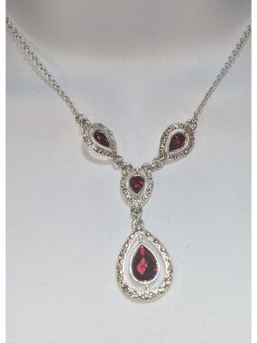 Garnet Red Crystal Teardrop Necklace Silver Tone Glam Goth Vampire Statement